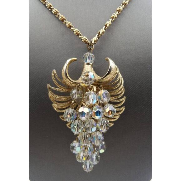 Vintage Art Deco Necklace with Aurora Borealis Beads & Long Gold Greek Key Chain - Picture 1 of 7